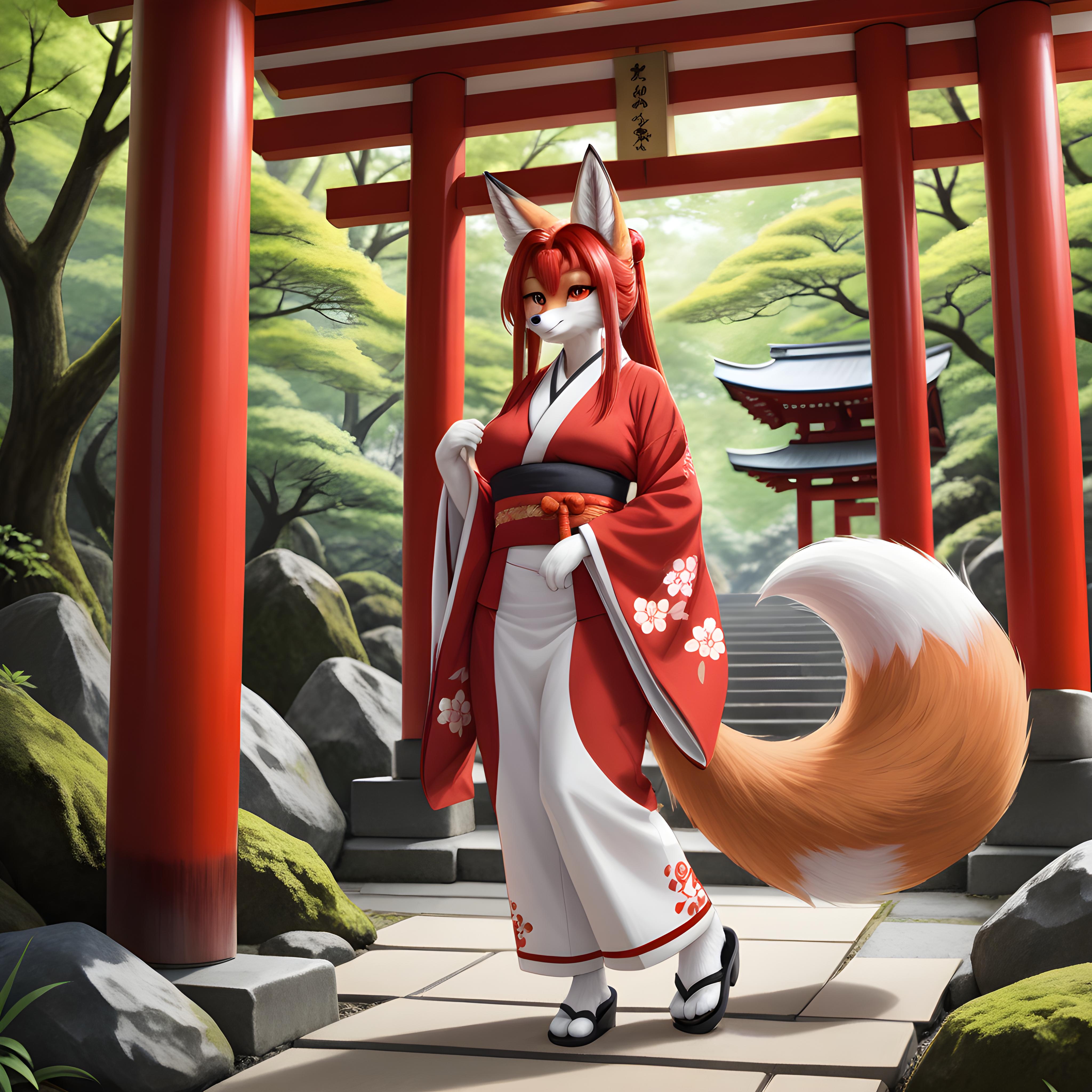 Ausgangsbild einer Fuchs-Dame im roten Kimono vor einem Torii